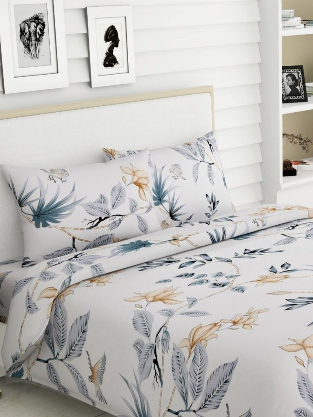haus & kinder Sparrow Floral Art White Floral Cotton 186 TC King Fine Bedsheet with 2 Pillow Covers-98 x 89 inches