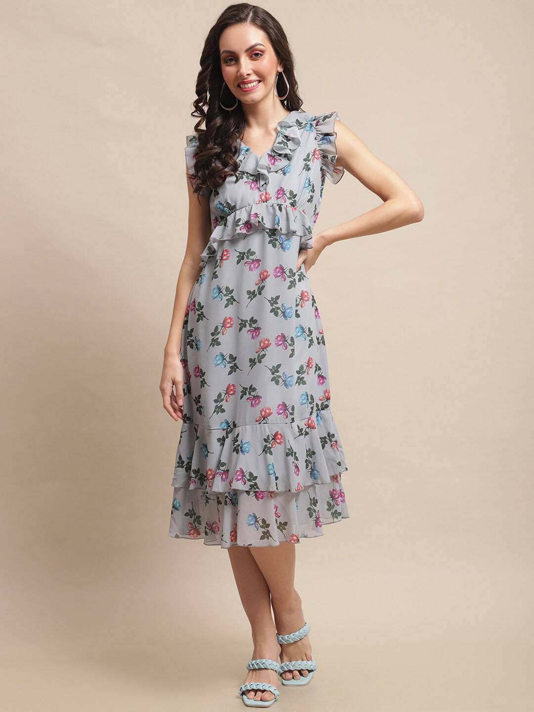 Claura Floral Print Flutter Sleeve Georgette A-Line Midi Dress