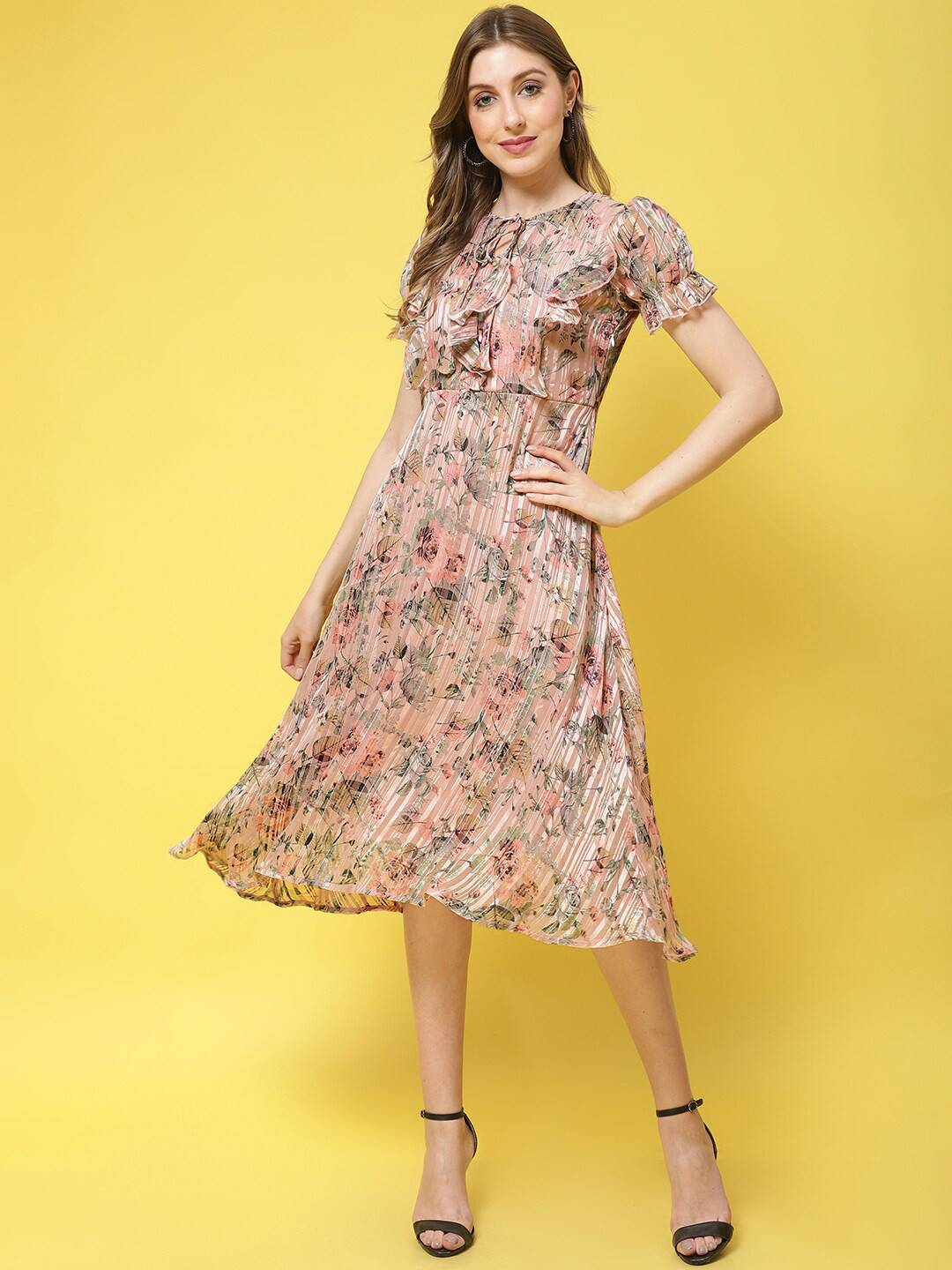 Claura Floral Print Georgette Fit & Flare Midi Dress