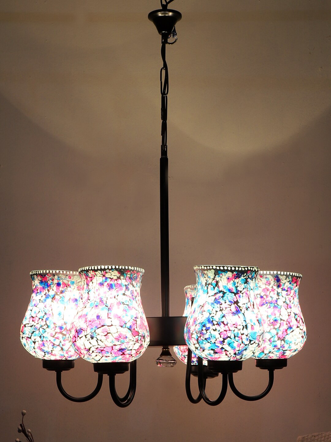Devansh White & Pink Mosaic Design Glass 6 Shades Chandelier