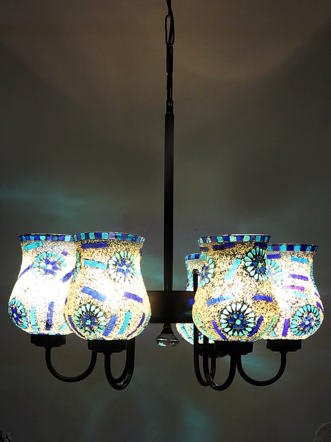 Devansh White & Blue Mosaic Design Glass 6 Shades Chandelier