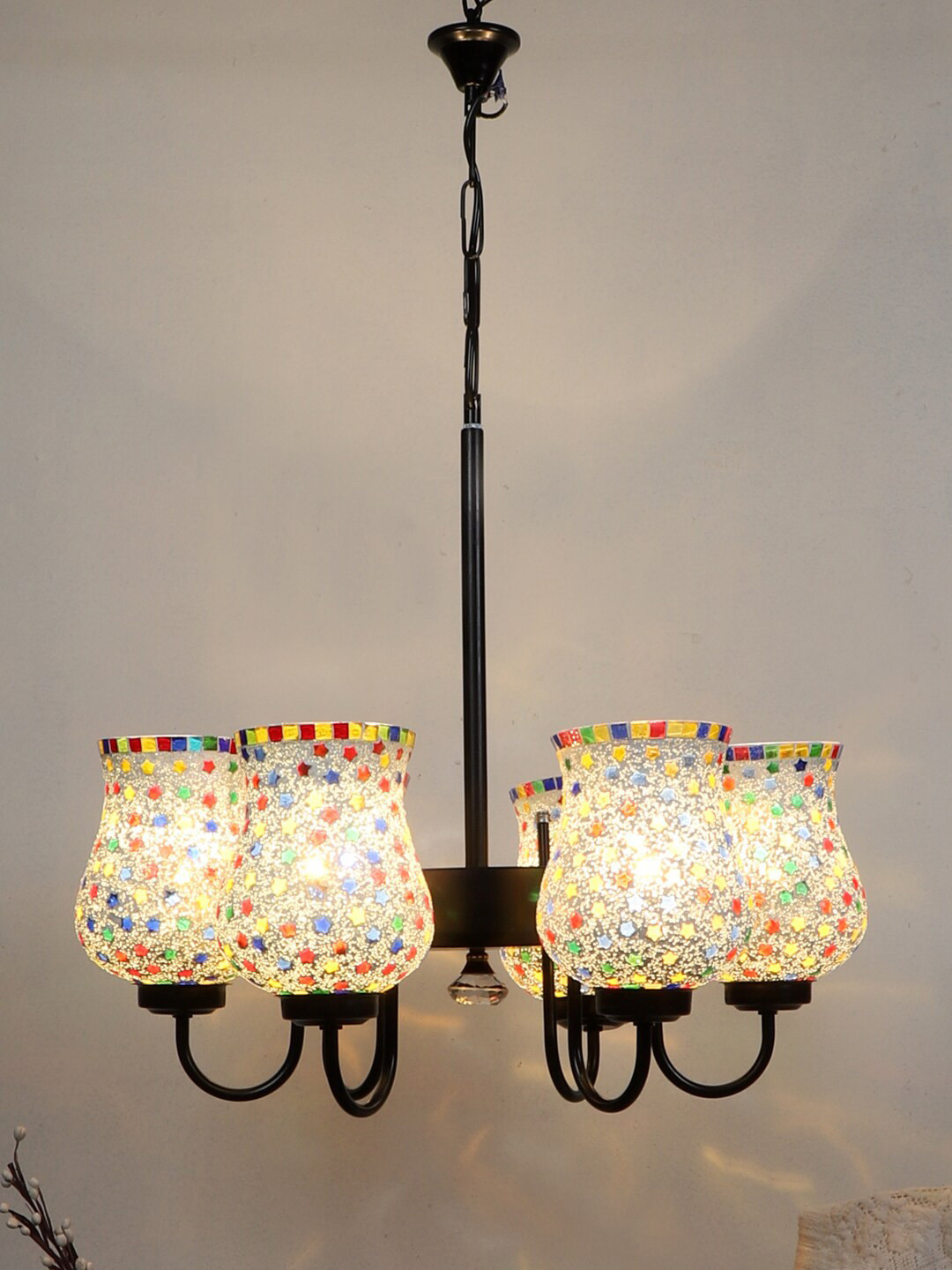 Devansh White & Yellow Mosaic Design Glass 6 Shades Chandelier