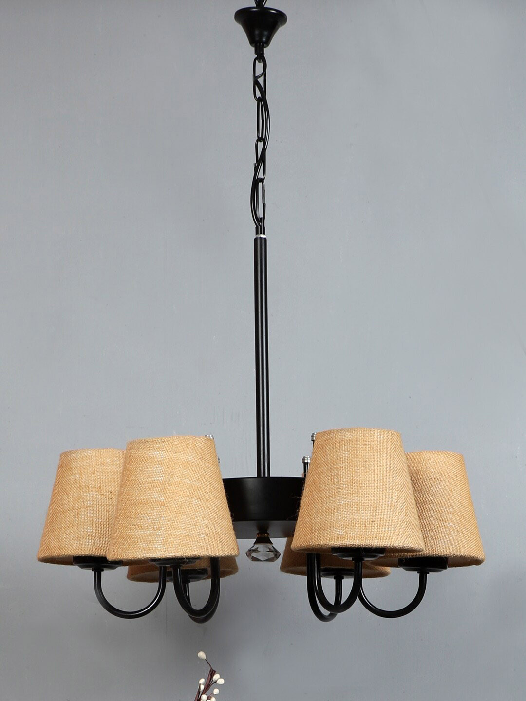 Devansh Beige & Black Textured Jute 6 Lamp Shades Chandelier