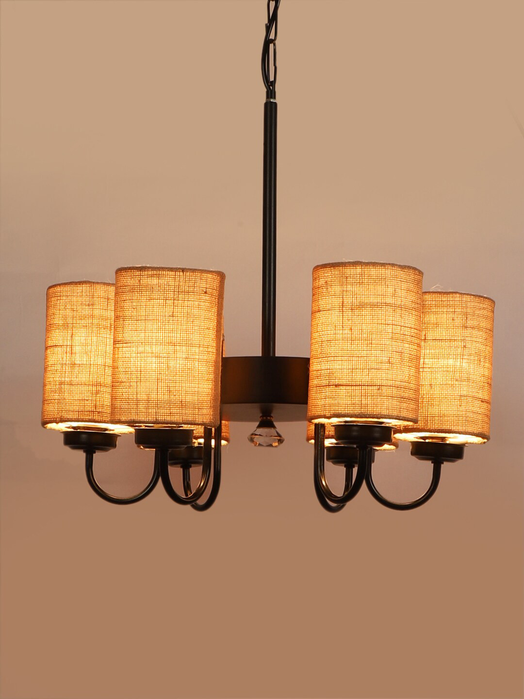 Devansh Beige & Black 6 Jute Lamp Shades Chandelier