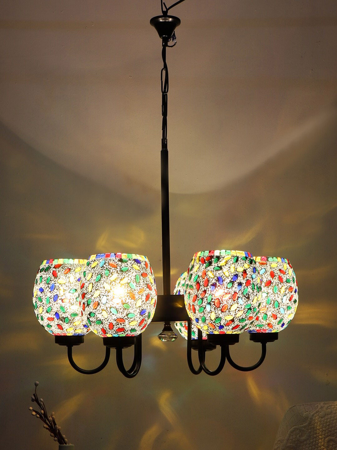Devansh White & Yellow Mosaic Design Glass 6 Shades Chandelier