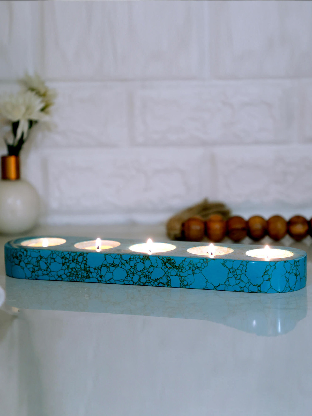 POSH-N-PLUSH Blue & White Textured Marble T-Light Candle Holder