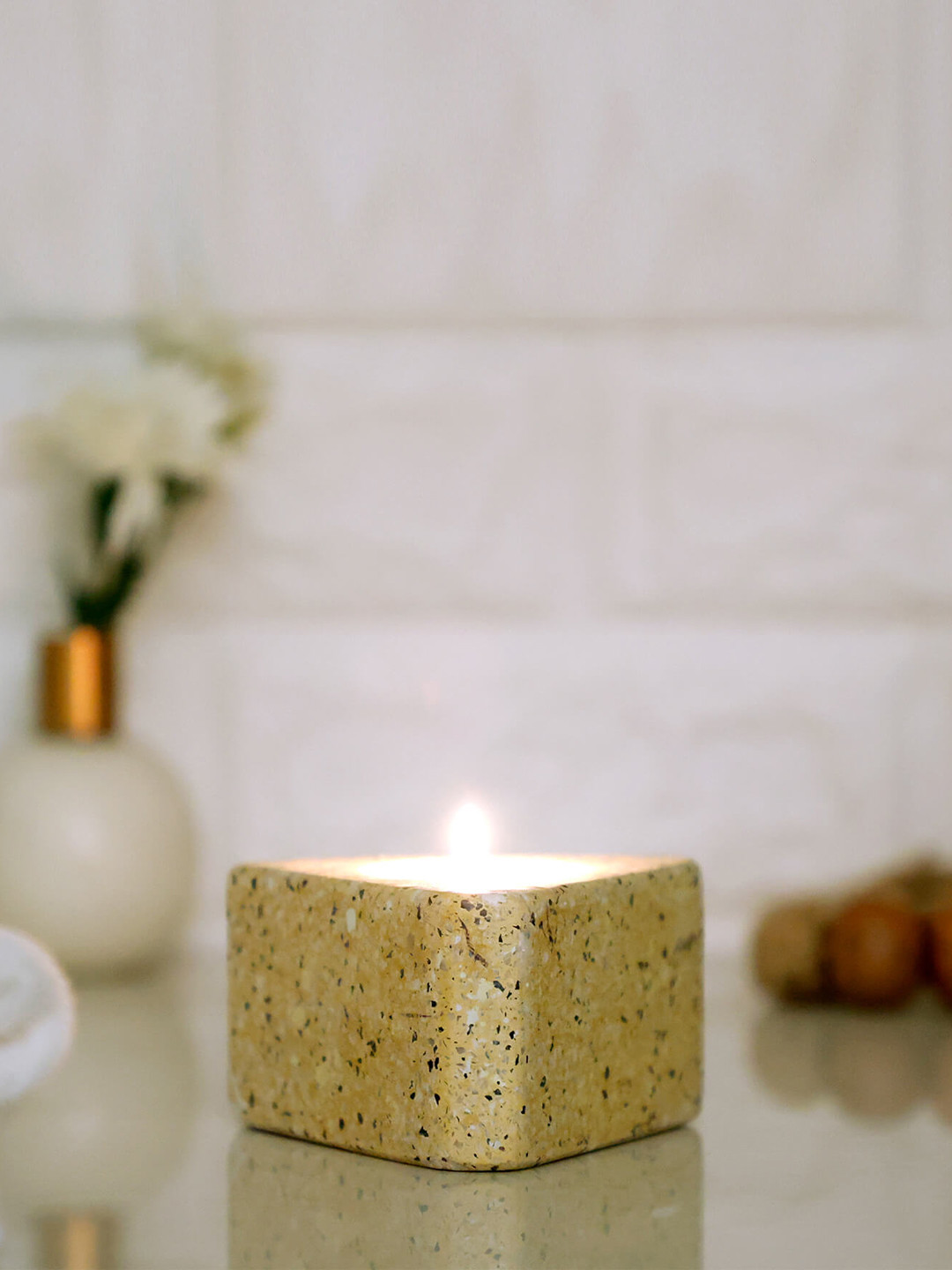 POSH-N-PLUSH Yellow Textured Marble T-Light Candle Holder