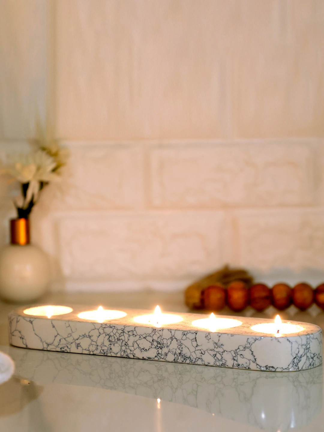 POSH-N-PLUSH Off-White & Grey Textured Marble T-Light Holder