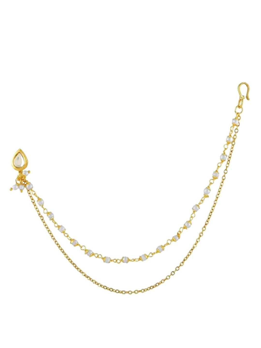 AccessHer Gold-Plated Kundan Studded & Beaded Chained Nose Ring