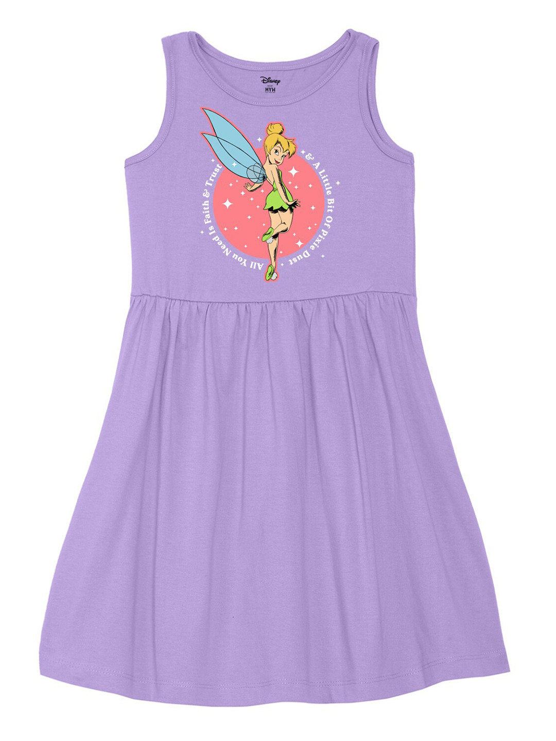 Wear Your Mind Girls Round Neck Tinkerbell Printed Pure Cotton A-Line Dress