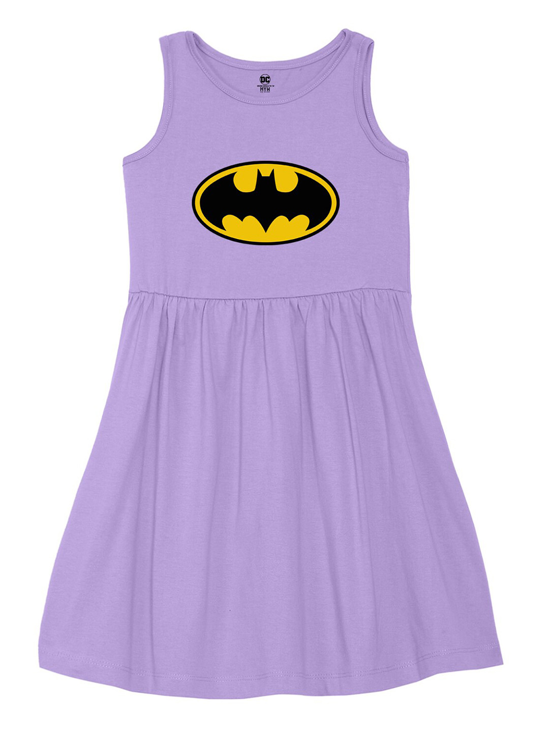 Wear Your Mind Girls Round Neck Batman Logo Printed Pure Cotton A-Line Dress