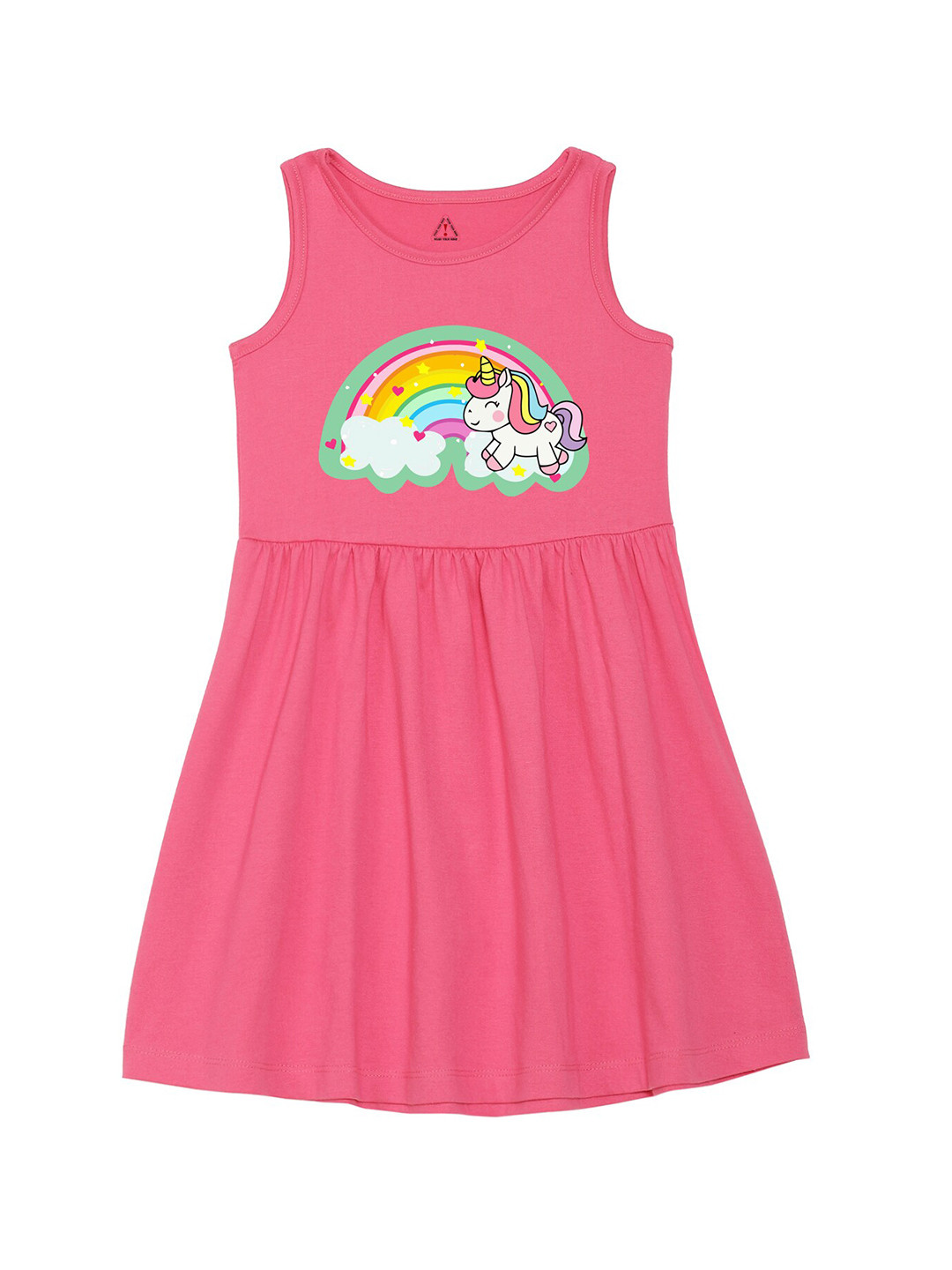 Wear Your Mind Girls Round Neck Unicorn Printed Pure Cotton A-Line Dress