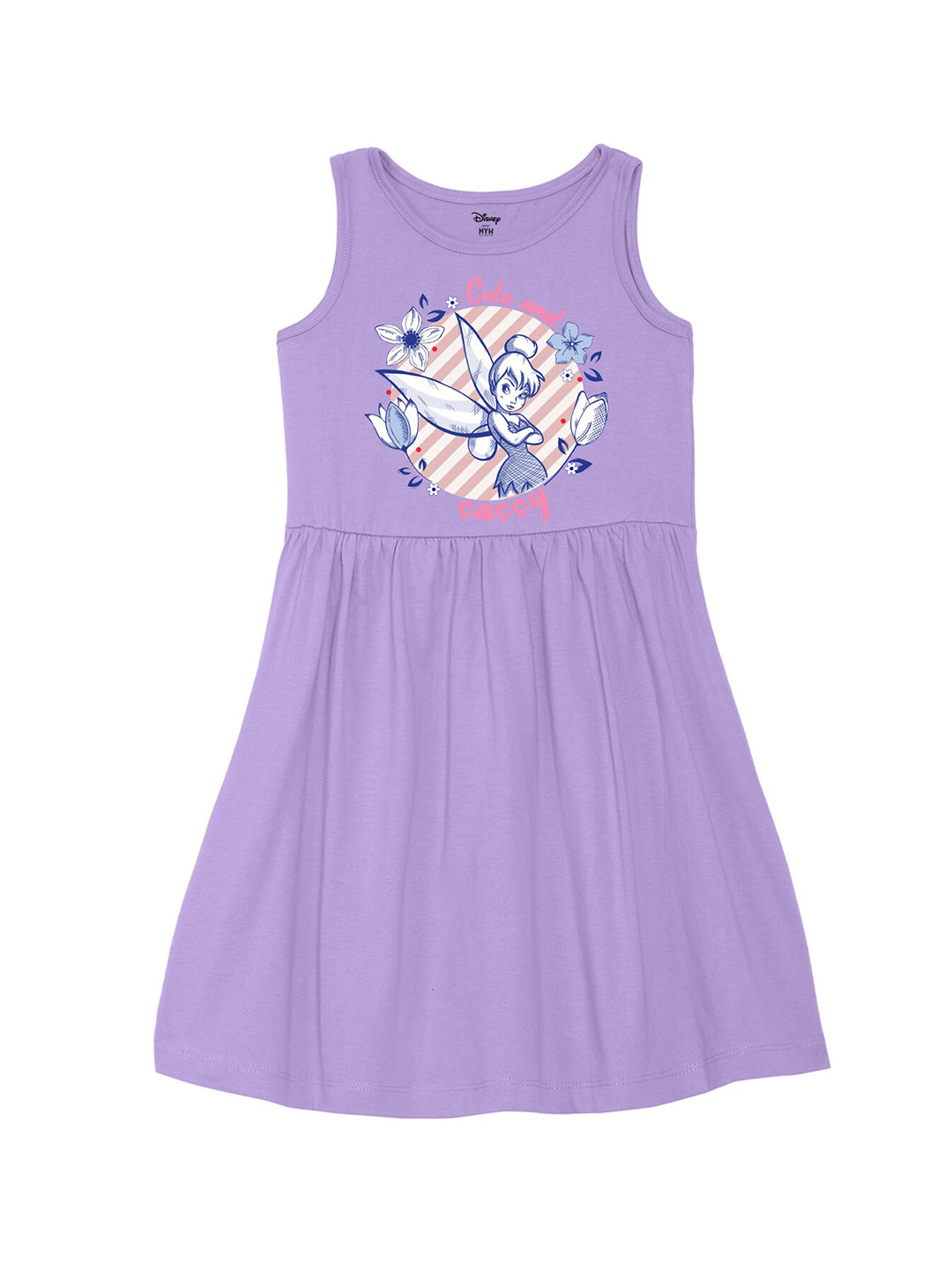 Wear Your Mind Girls Round Neck Tinkerbell Printed Pure Cotton A-Line Dress