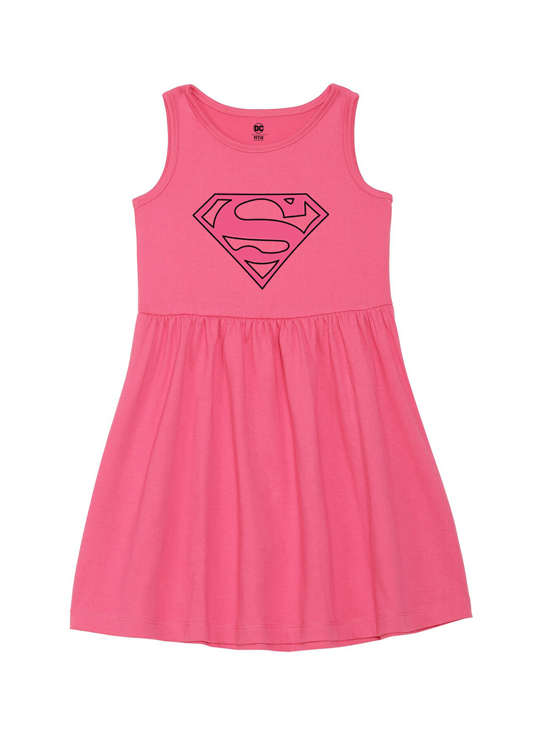 Wear Your Mind Girls Round Neck Superman Printed Pure Cotton A-Line Dress
