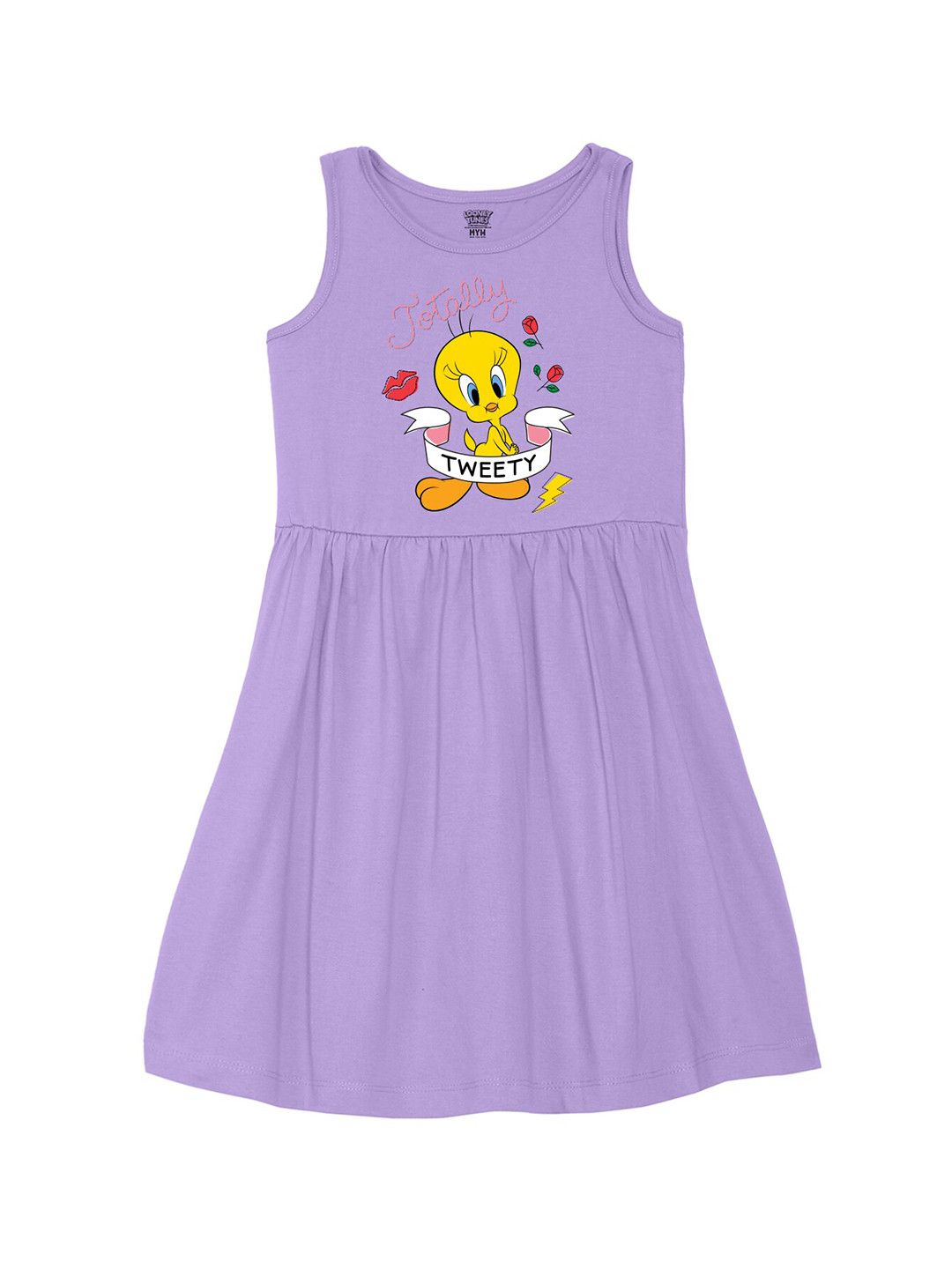 Wear Your Mind Girls Round Neck Looney Tunes Tweety Printed Pure Cotton A-Line Dress