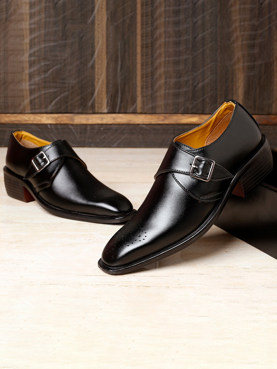 Bxxy Men Textured Perforated Height increasing Formal Monk Shoes
