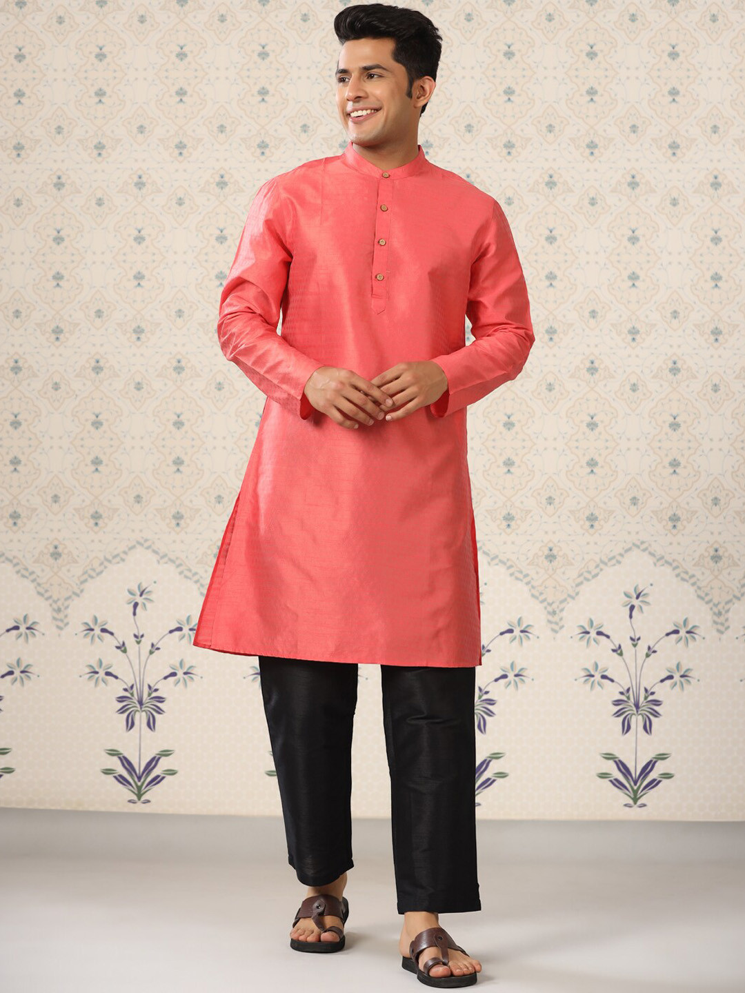 Ode by House of Pataudi Geometric Woven Design Mandarin Collar Regular Kurta With Pyjamas