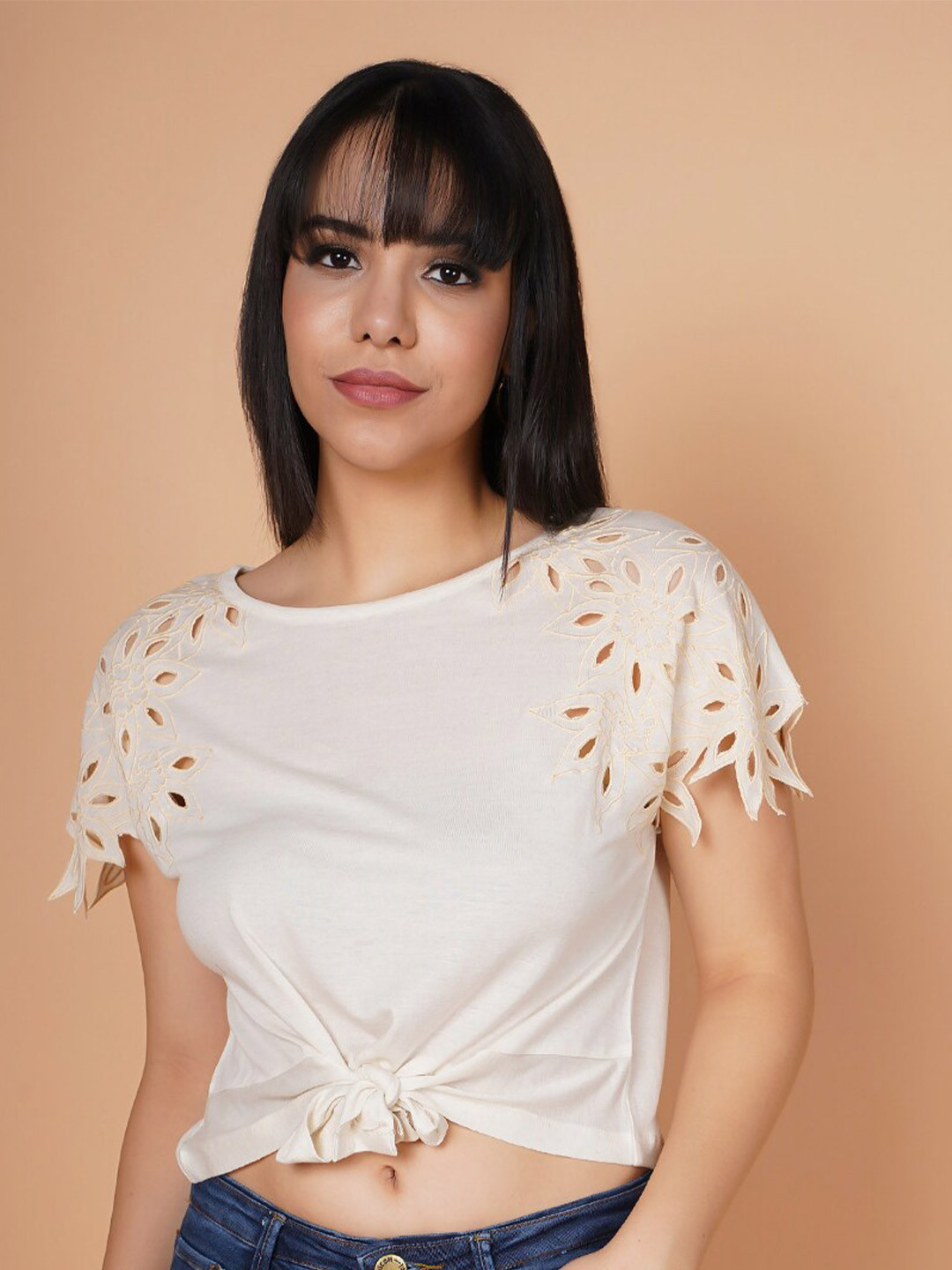 HOUSE OF S Embroidered Cut Work Extended Sleeves Waist Tie-Up Crop Top