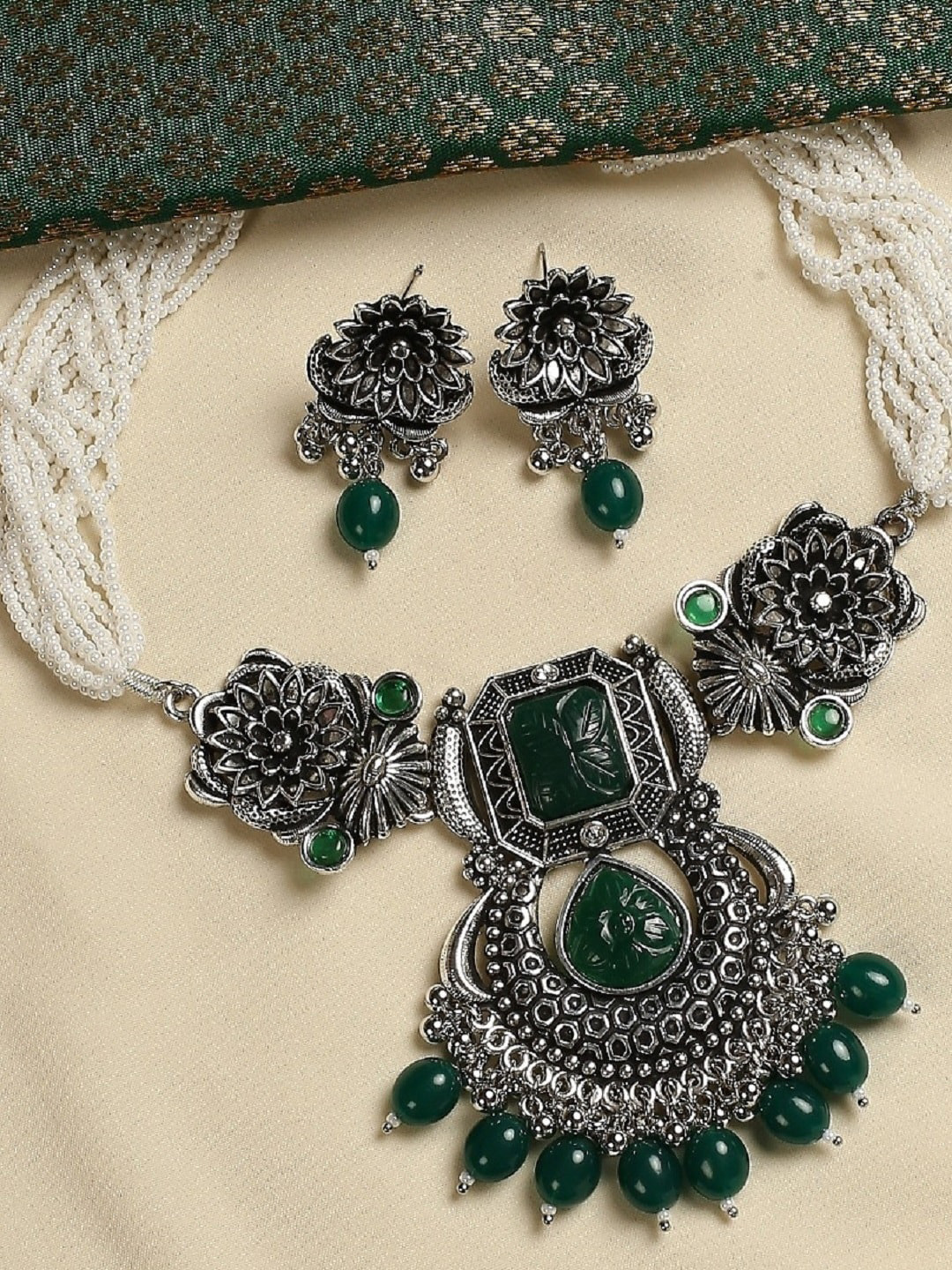 OOMPH Silver Plated Stone-Studded & Beaded Jewellery Set