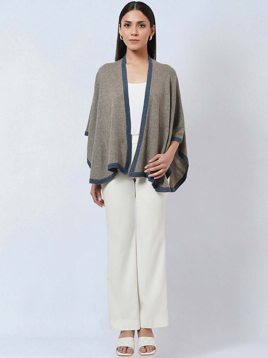 First Resort by Ramola Bachchan Open Front Knitted Cashmere Cape Shrug