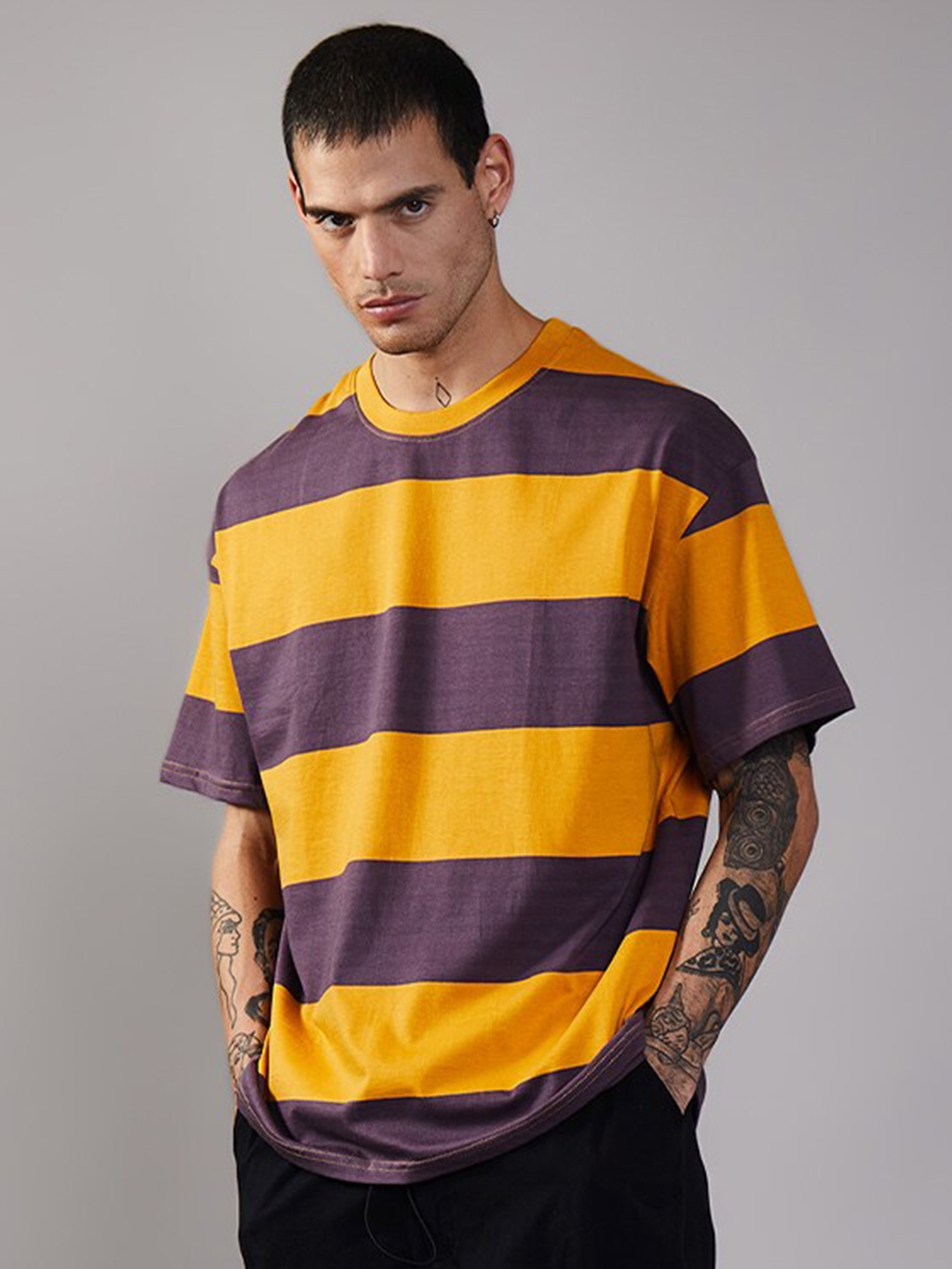Bonkers Corner Striped Drop Shoulder Sleeves Cotton Oversized Fit T-shirt