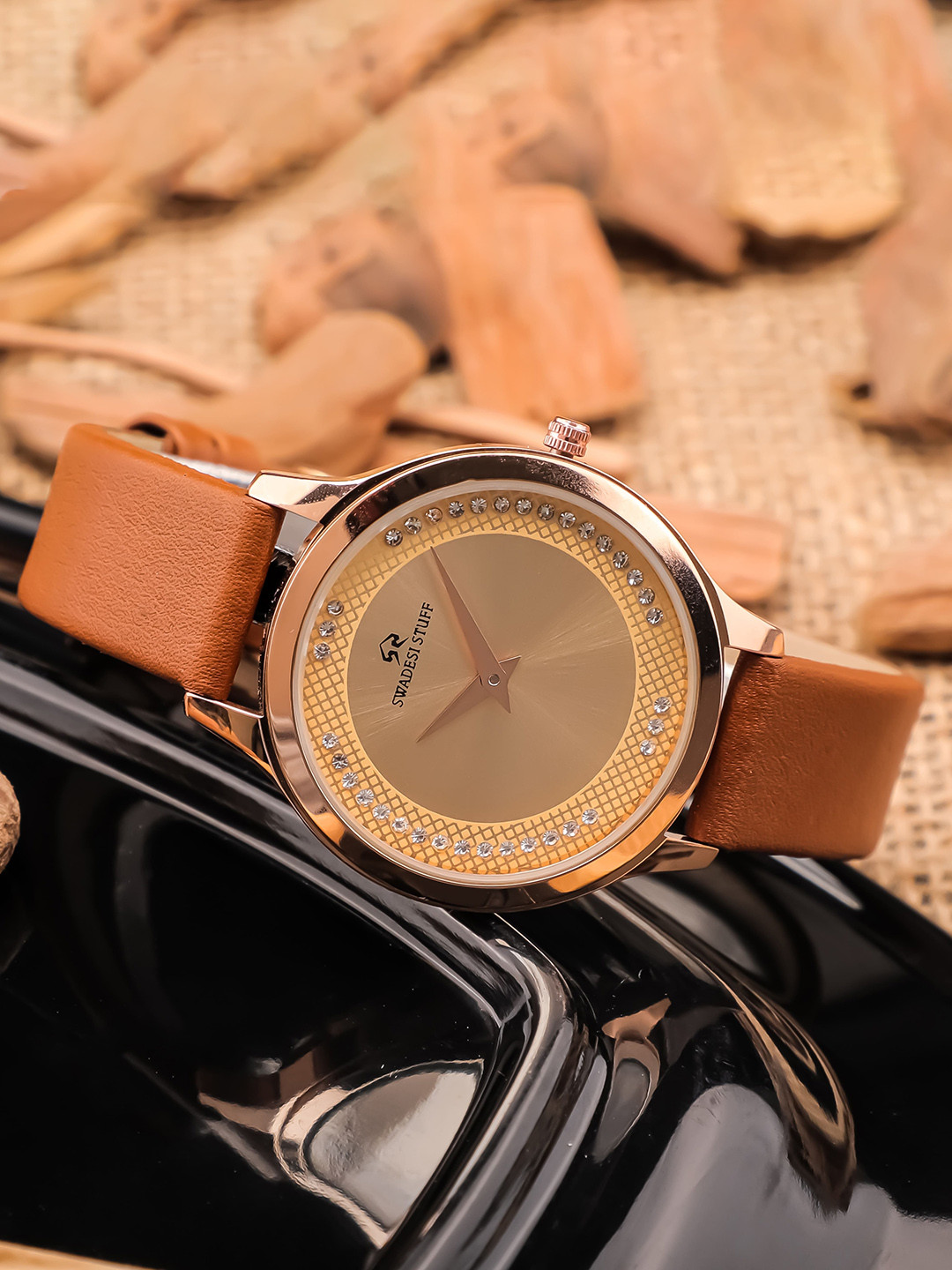 SWADESI STUFF Women Embellished Leather Straps Analogue Watch SF0530 BROWN