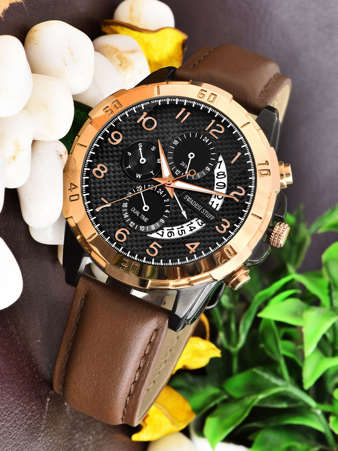 SWADESI STUFF Men Leather Straps Analogue Watch SF0533 BROWN