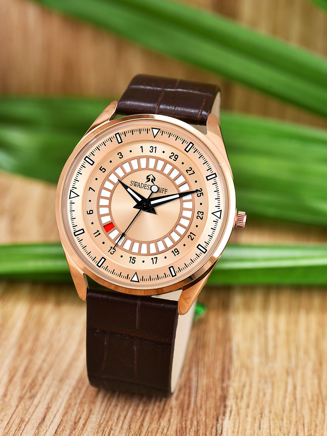 SWADESI STUFF Men Patterned Leather Textured Straps Analogue Watch SF0535 BROWN