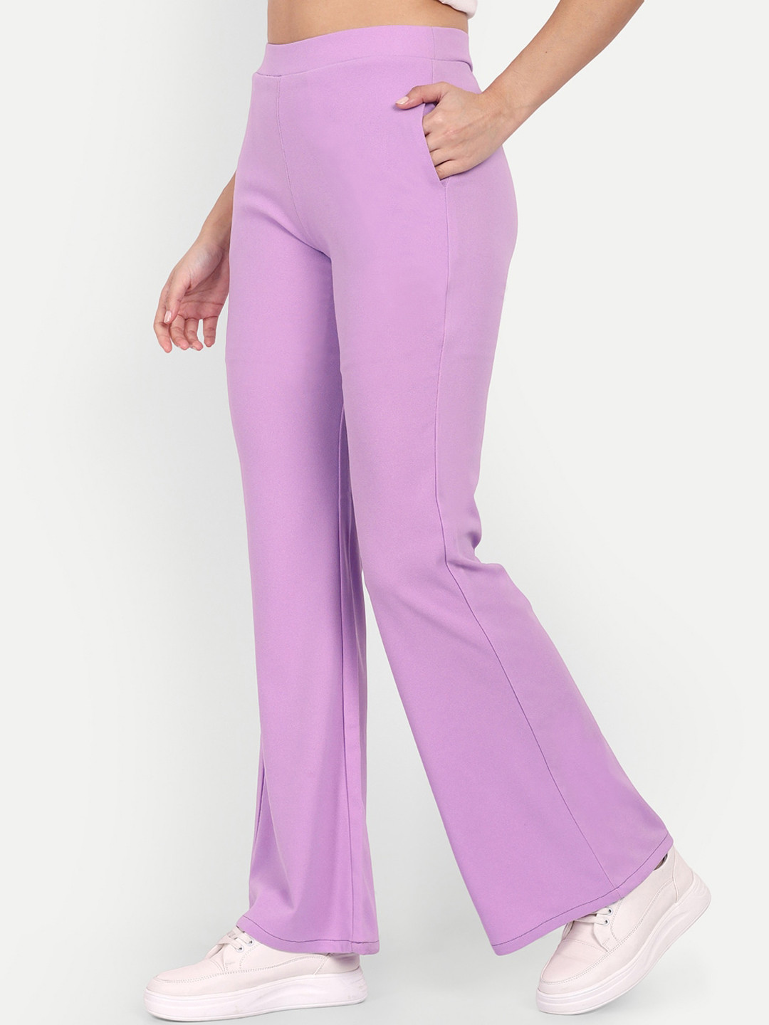 BROADSTAR Women Violet Relaxed Flared High-Rise Easy Wash Bootcut Trousers