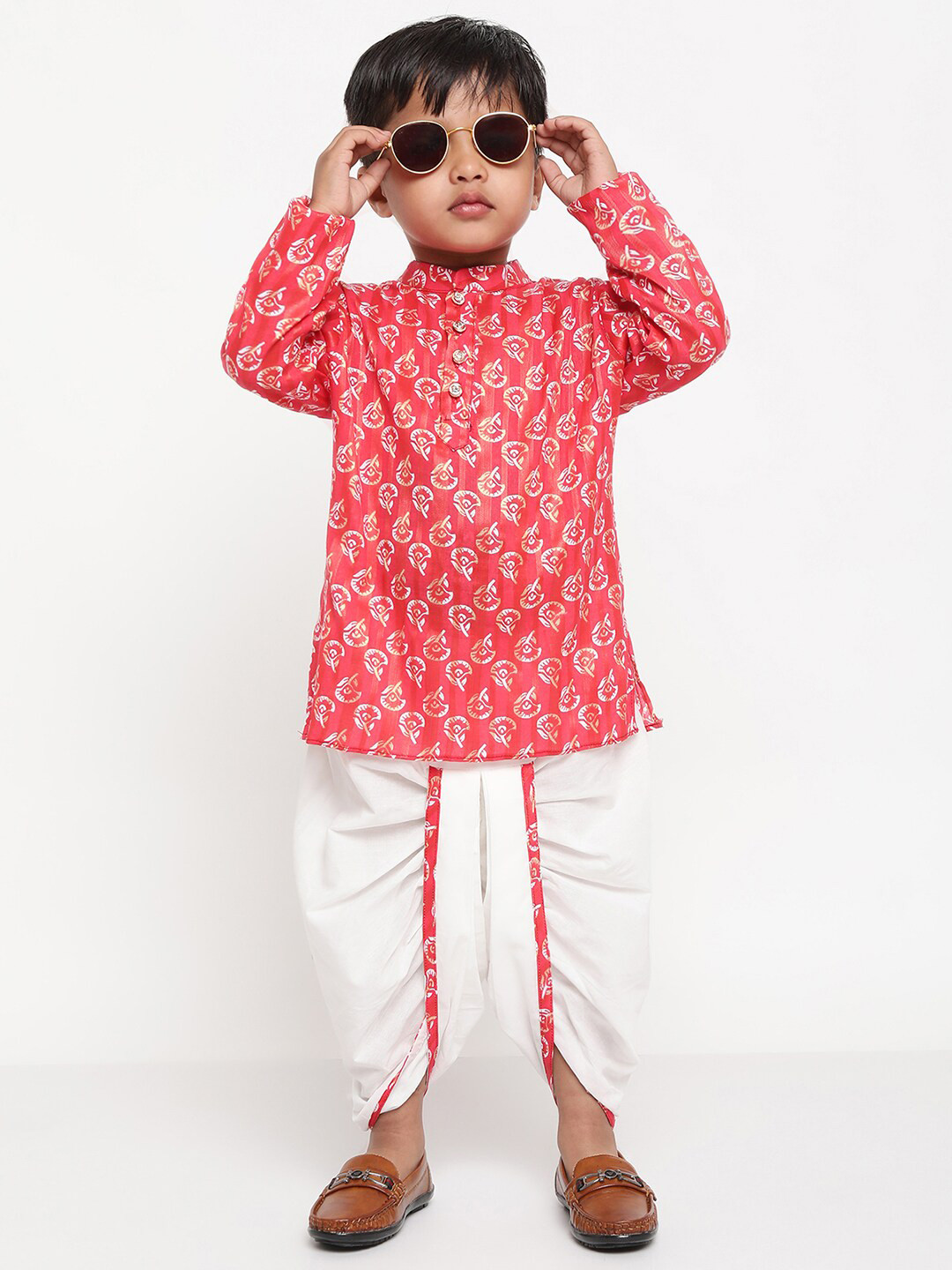 Stuffie Land Boys Printed Mandarin Collar Straight Kurta with Dhoti Pants
