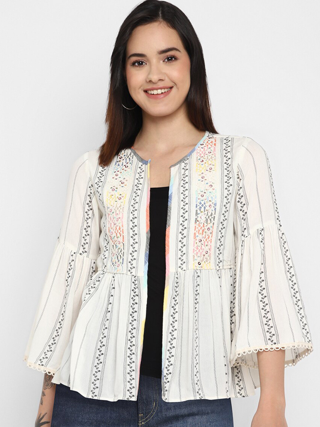 Taurus Floral Printed Flared Sleeve Open Front Jacket with Embellishment