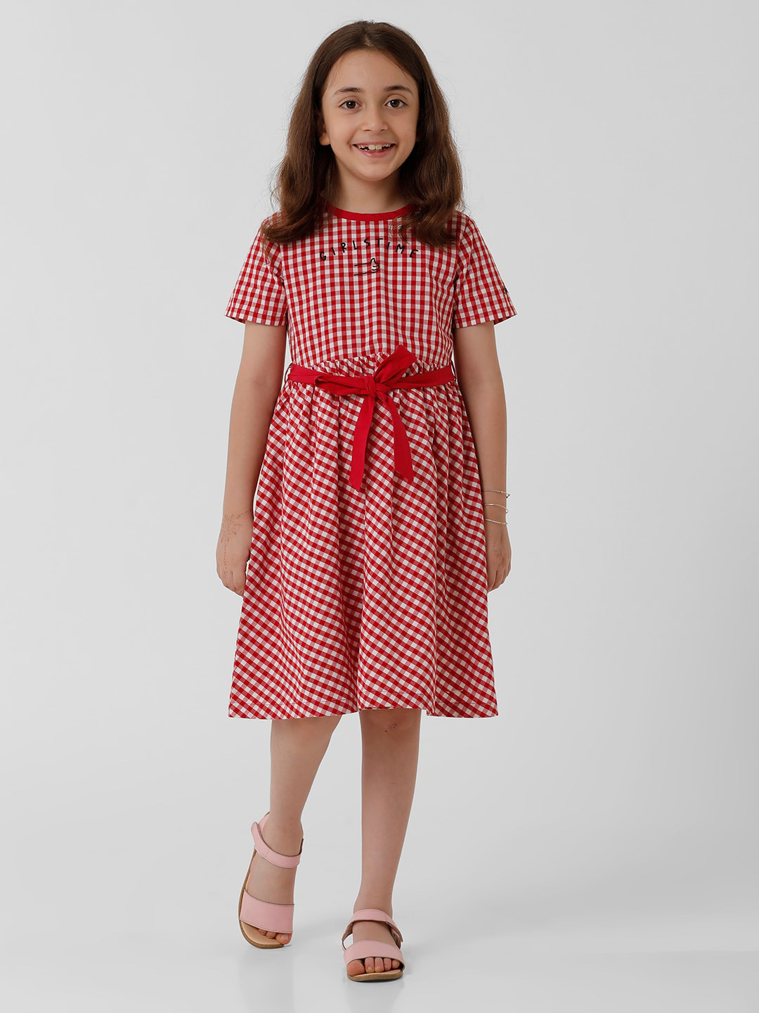 KATE & OSCAR Girls Round Neck Gingham Checked Printed Cotton Fit & Flare Dress With Belt