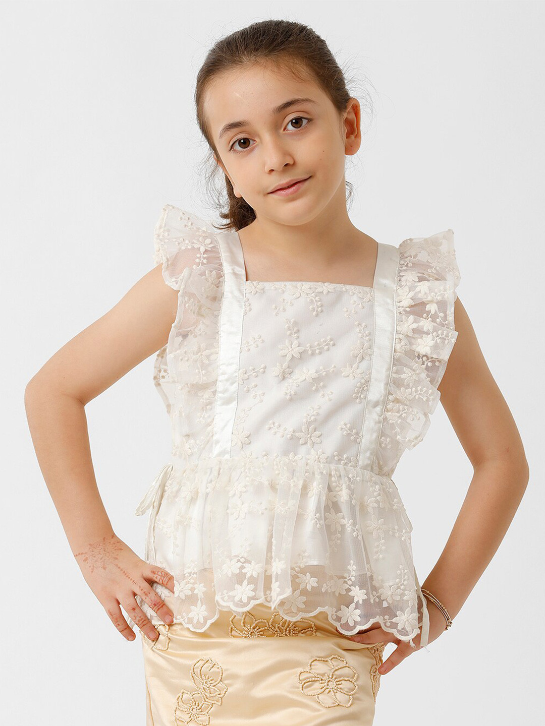 KATE & OSCAR Girls Square Neck Flutter Sleeve Cotton Embroider Lace Peplum Top