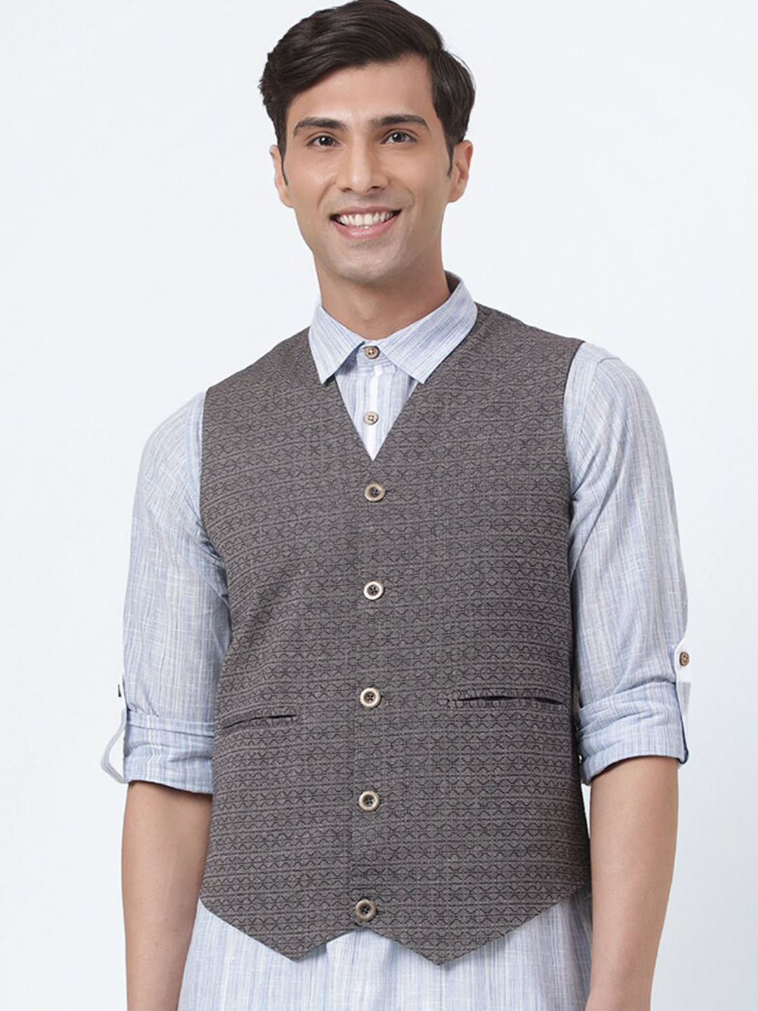 Fabindia Cotton Dobby Slim Fit Vest Jacket