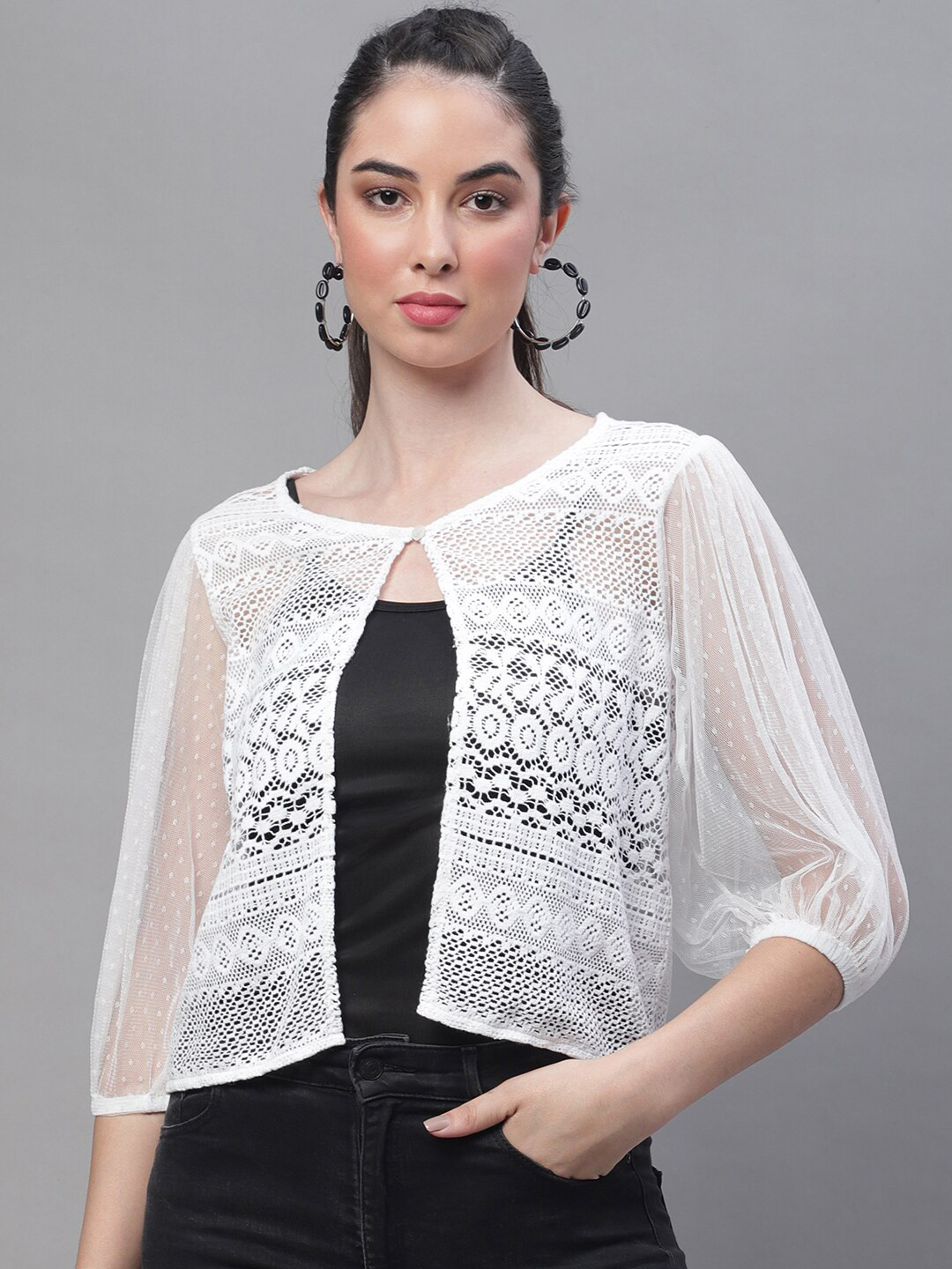 Rute Lace Open Front Stylish Crop Button Cotton Shrug