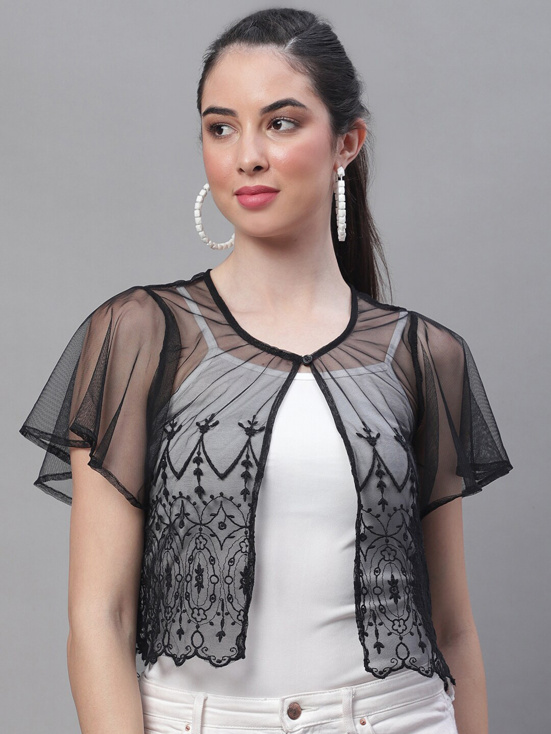 Rute Open Front Stylish Crop Button Sheer Cotton Shrug