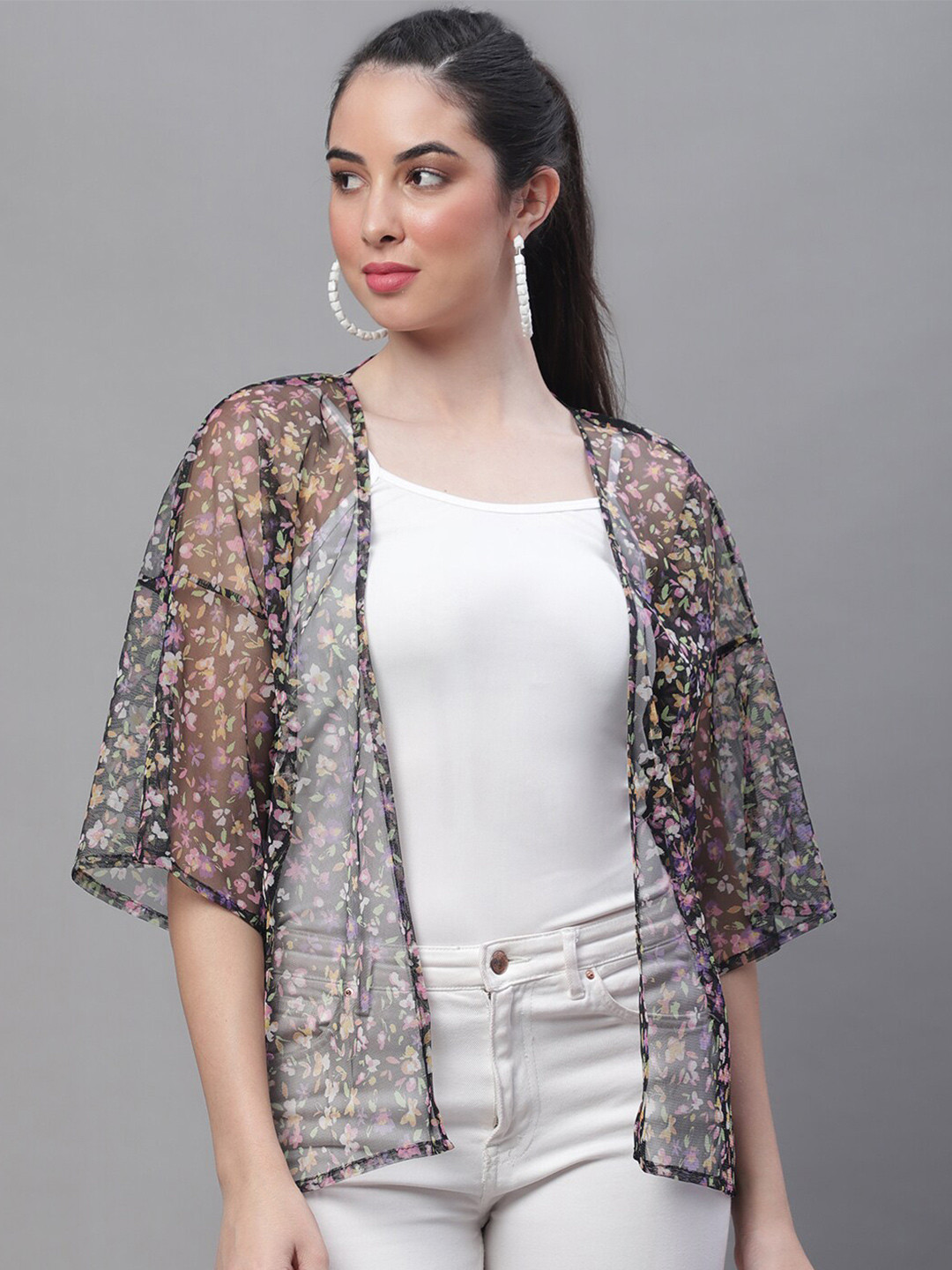 Rute Women Floral Printed Open Front Sheer Cotton Shrug