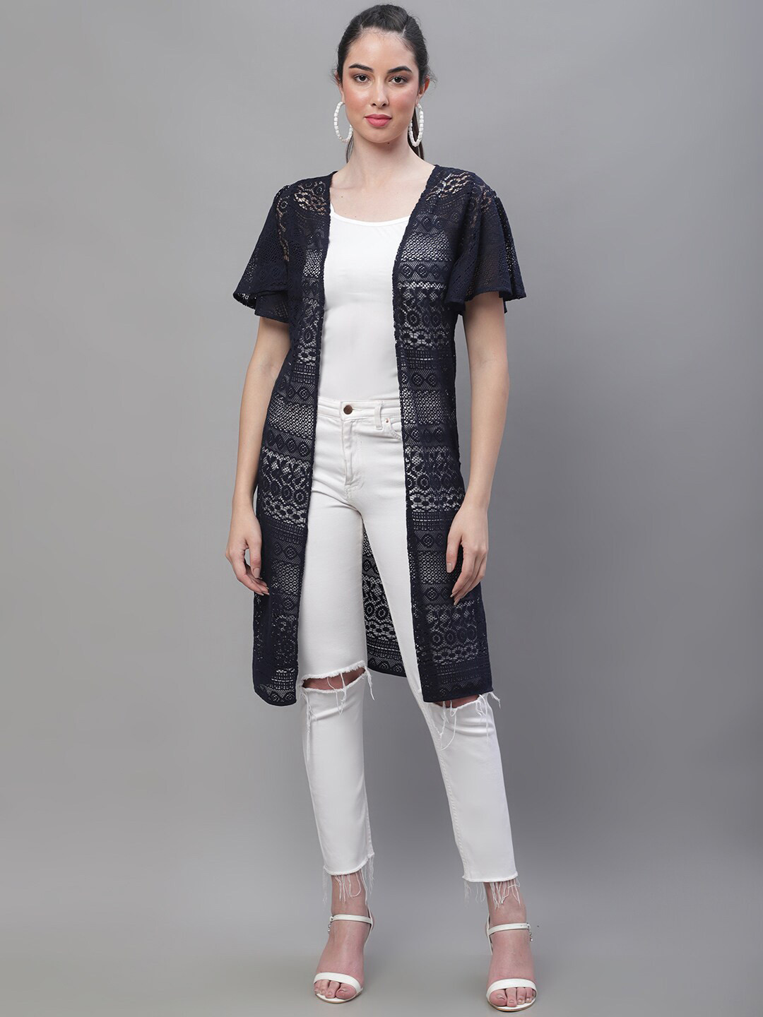 Rute Lace Open Front Stylish Cotton Longline Shrug