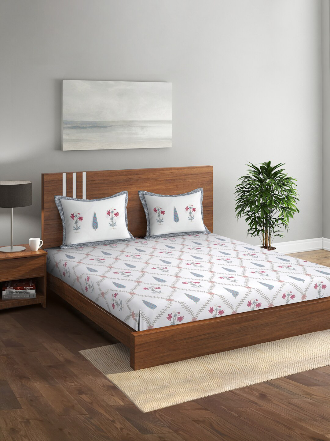 Rajasthan Decor White Floral Cotton Skin-Friendly 144 TC Queen Bedsheet with 2 Pillow Covers-225 x 250 cm