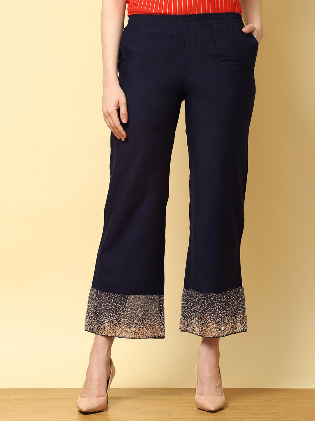 Lakshita Women Blue Embellished Wide Leg Palazzos