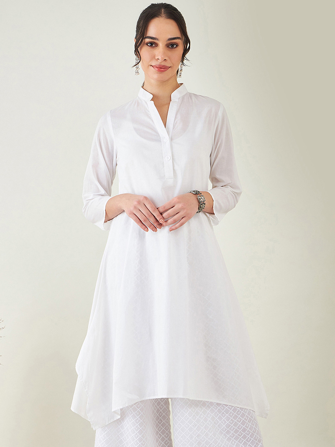 First Resort by Ramola Bachchan Mandarin Collar Asymmetric White Romance A-Line Kurta