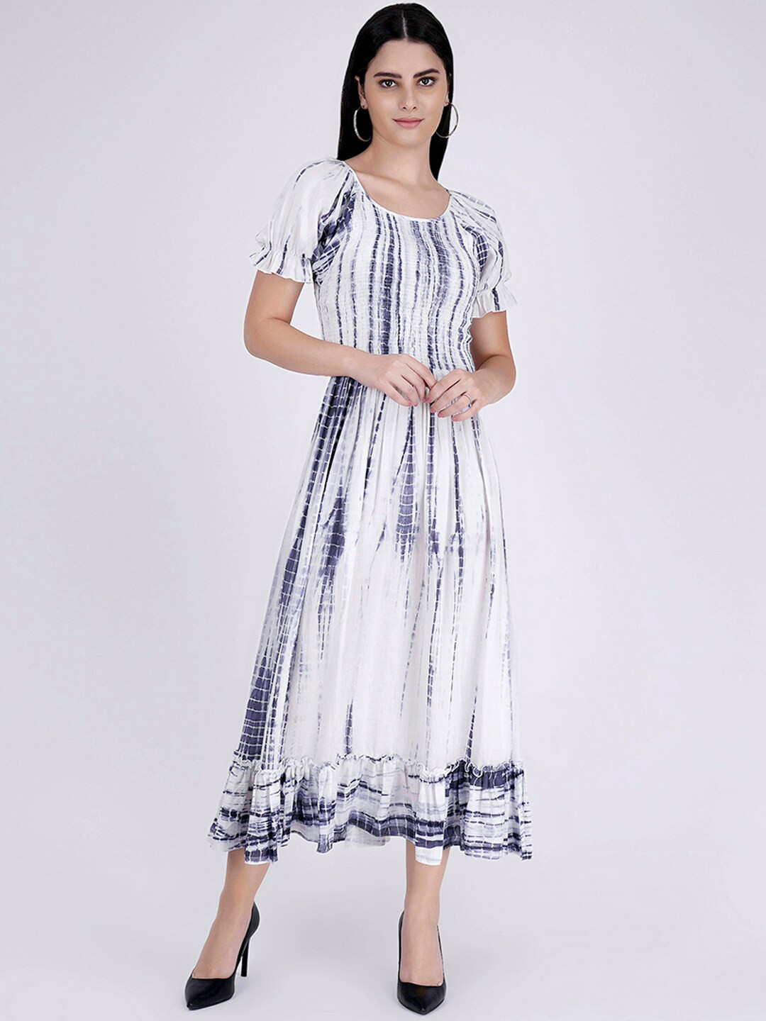 First Resort by Ramola Bachchan Tie & Dye Smocked Fit & Flare Midi Dress