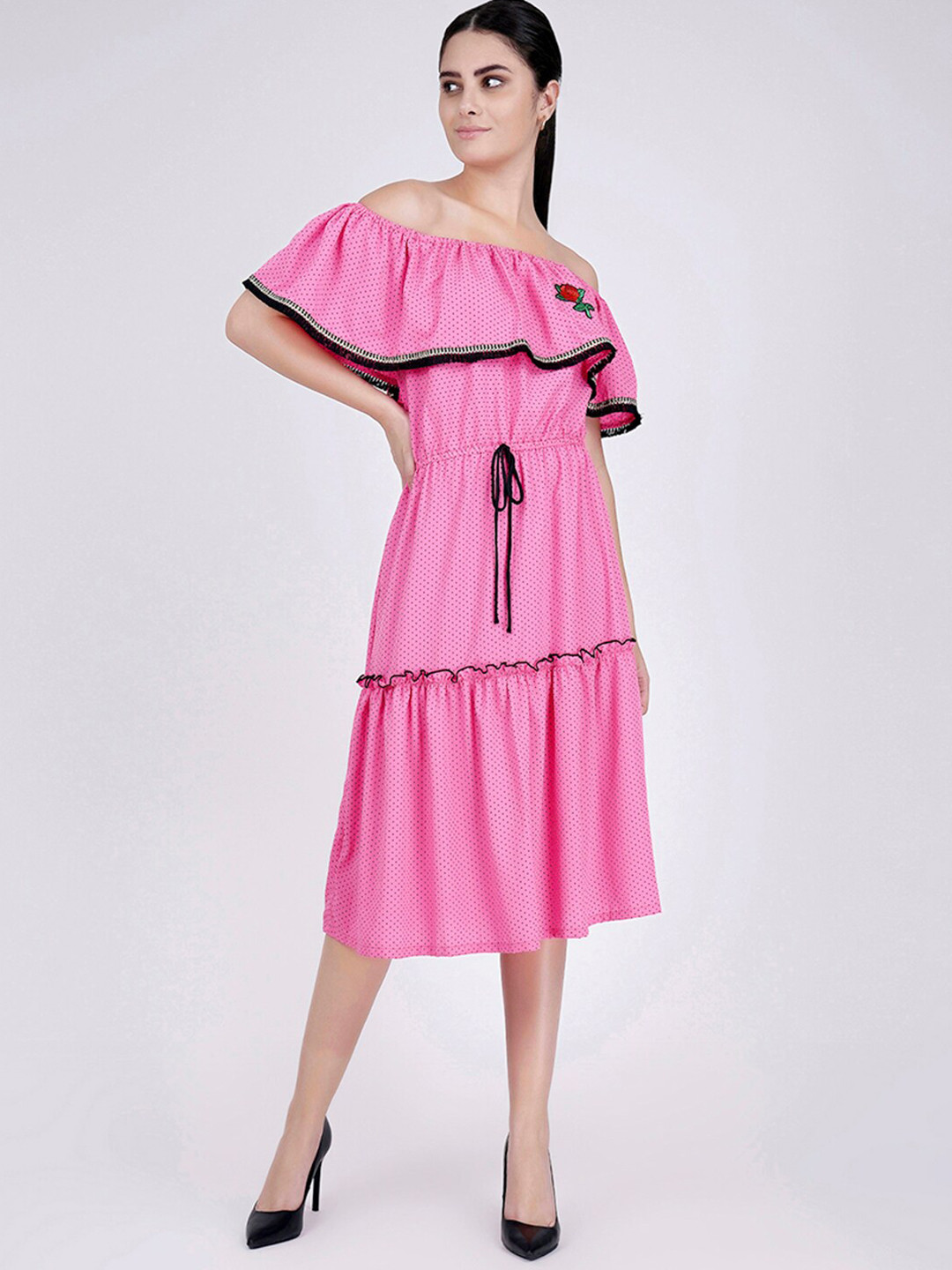 First Resort by Ramola Bachchan Off-Shoulder Flutter Sleeve Crepe Fit & Flare Midi Dress