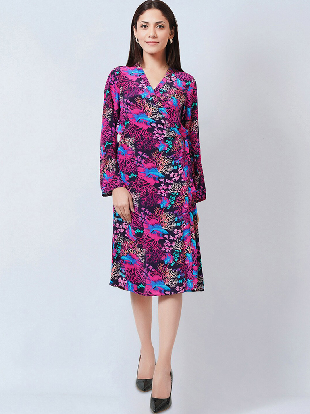 First Resort by Ramola Bachchan Conversational Printed Wrap V-Neck Dress