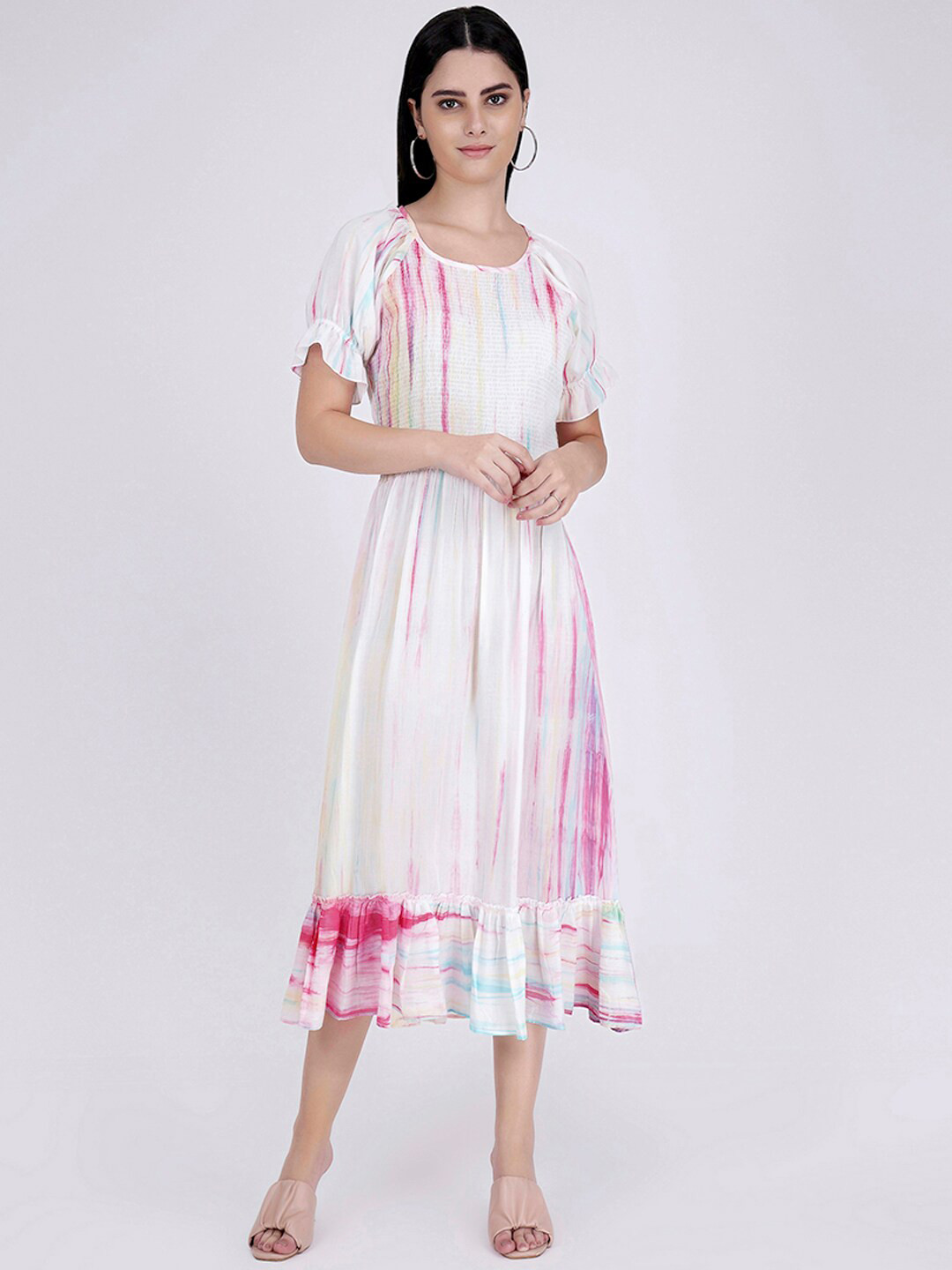 First Resort by Ramola Bachchan Tie & Dye Smocked Fit & Flare Midi Dress