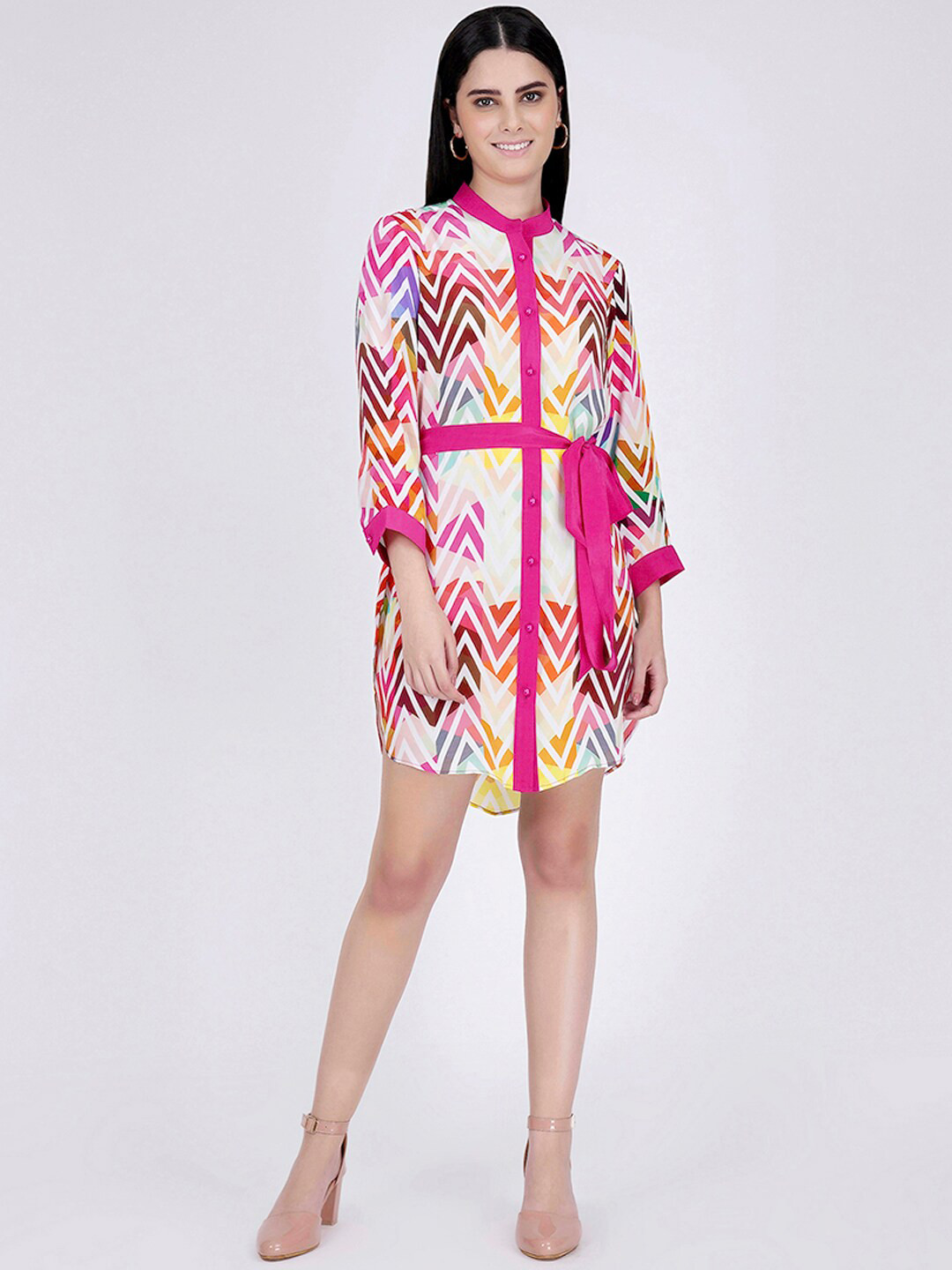 First Resort by Ramola Bachchan Chevron Printed Shirt Mini Dress With Belt