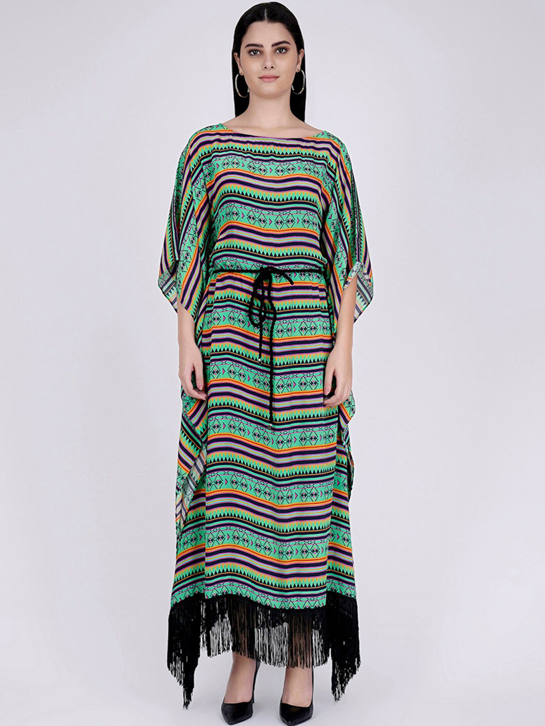 First Resort by Ramola Bachchan Tribal Printed Kimono Sleeves Kaftan Maxi Dress With Belt