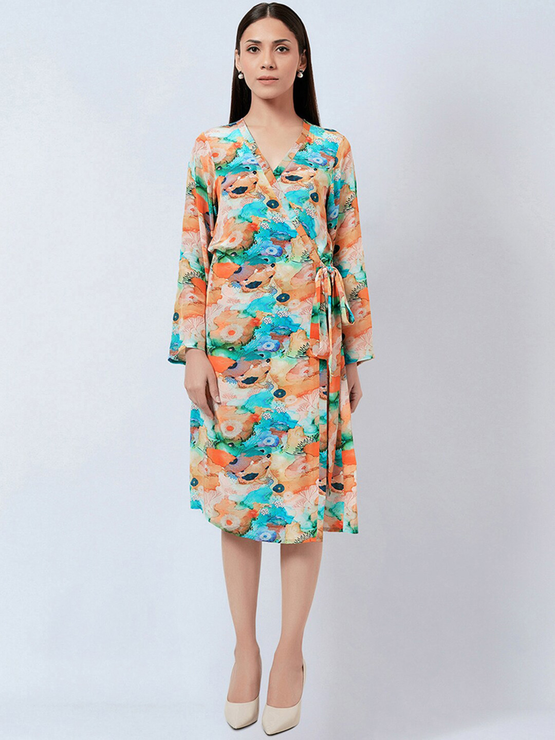 First Resort by Ramola Bachchan Conversational Printed Wrap Midi Dress