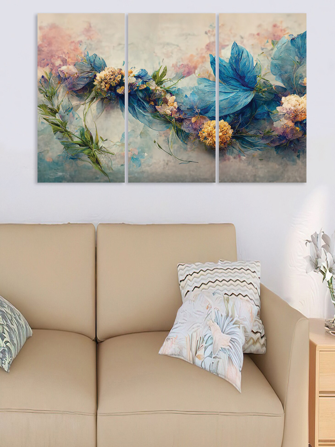 RANDOM Blue & Pink 3-Pcs Preety Flower Abstract Wall Painting