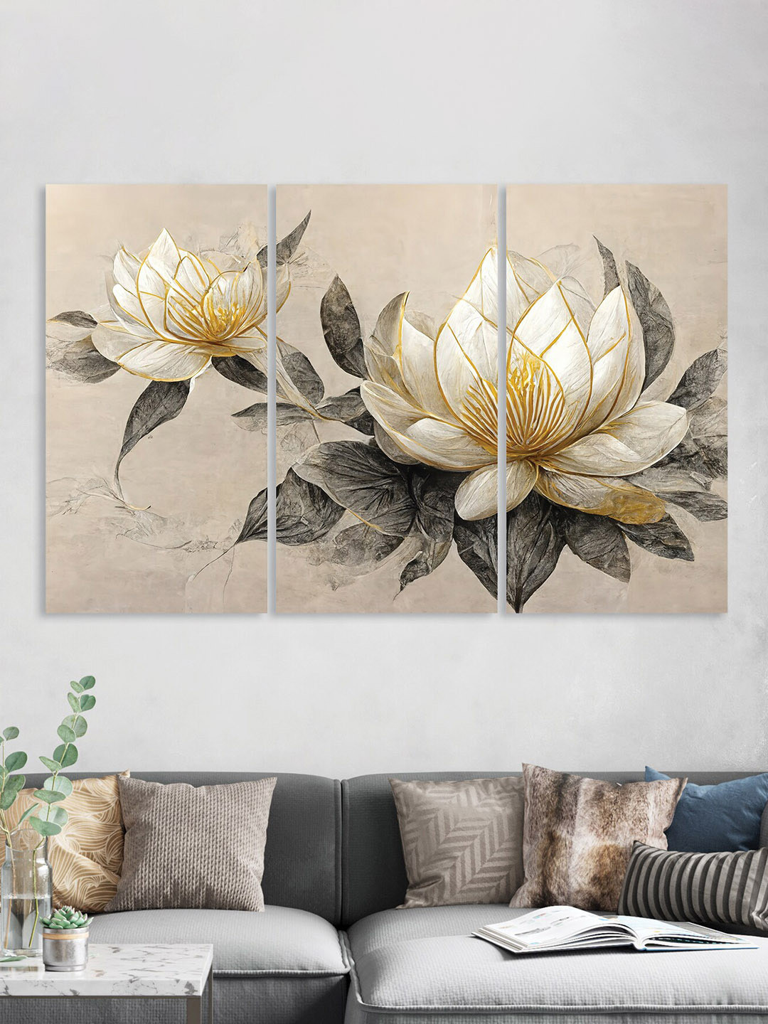 RANDOM Beige & Green 3-Pcs  Lilly Flower Abstract Printing Canvas Painting